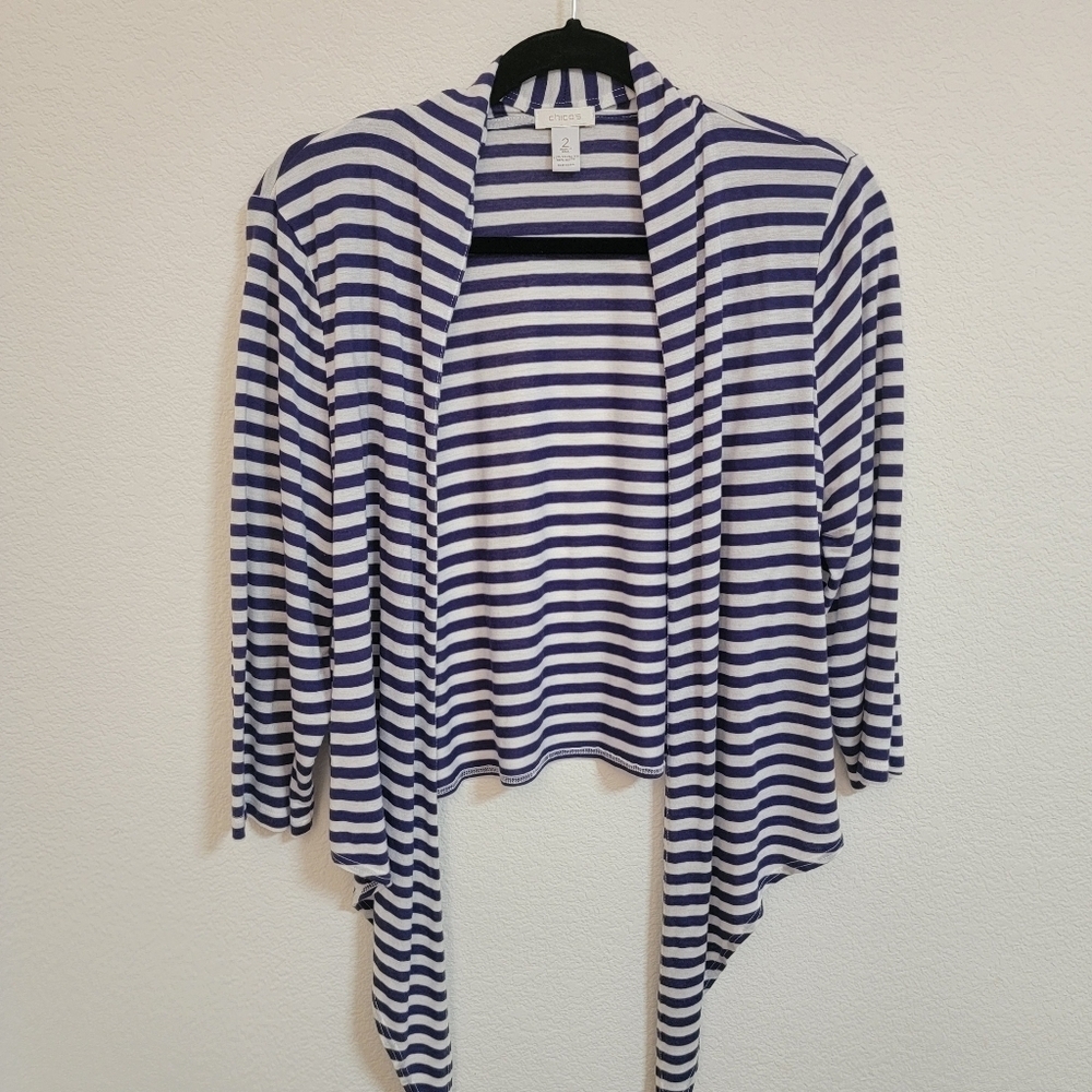 Chico's Striped Purple and White Open Front Cardigan